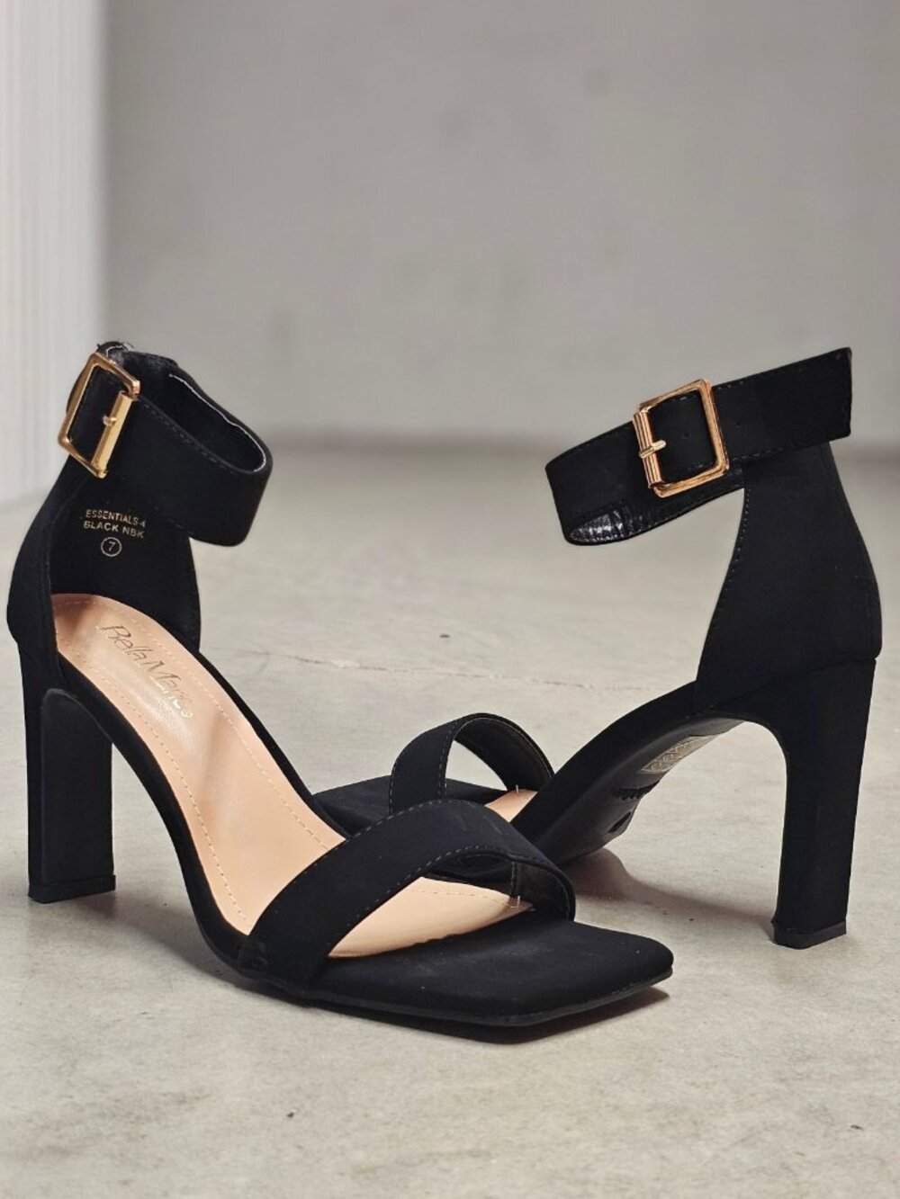 Womens Black Block Heel Sandals With Ankle Strap & Gold Buckle Perfect For Casua